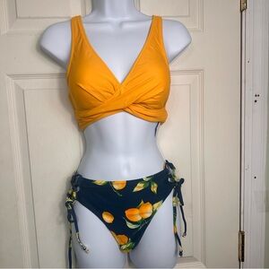 NWT Cupshe Bikini Yellow Wrap Front Lemon Print Bottoms Size Medium Hip/Back Tie
